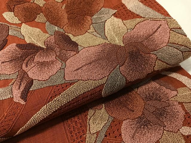 平和屋着物●中国三大刺繍　スワトウ相良刺繍　総刺繍　太鼓柄袋帯　紬地　カトレア　正絹　逸品　CABN3046vp