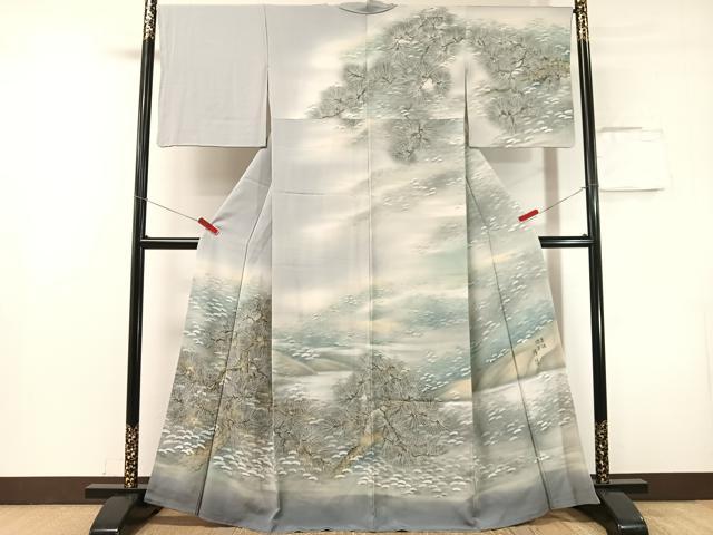 平和屋着物●日本画家　濡れ描き友禅作家　高橋峰陵　訪問着　手描き　松　暈し染め　金彩　さが美扱い　正絹　逸品　CABN3068vp