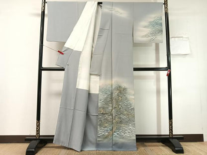 平和屋着物●日本画家　濡れ描き友禅作家　高橋峰陵　訪問着　手描き　松　暈し染め　金彩　さが美扱い　正絹　逸品　CABN3068vp