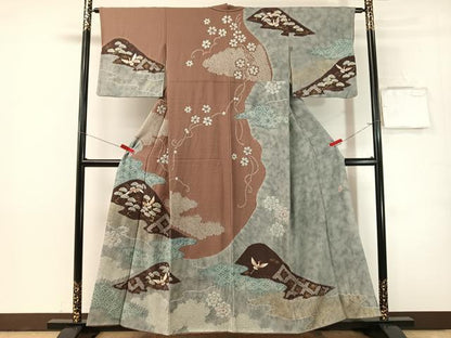 平和屋着物●十日町　名門　滝泰謹製　訪問着　絞り　刺繍　霞飛鶴花松文　金彩　正絹　逸品　CABN3114vp