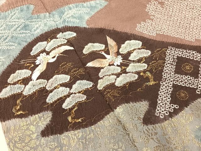 平和屋着物●十日町　名門　滝泰謹製　訪問着　絞り　刺繍　霞飛鶴花松文　金彩　正絹　逸品　CABN3114vp