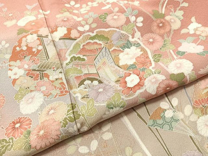平和屋着物●訪問着　雪輪御所車花文　暈し染め　金彩　正絹　逸品　CABN3168vp