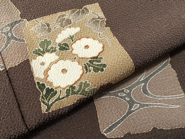 平和屋着物●訪問着　駒刺繍　破れ色紙花文　金彩　鬼しぼ縮緬　正絹　逸品　CABN3174vp