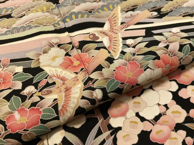 平和屋着物●豪華黒留袖　友禅　作家物　松竹梅鳥文　正絹　逸品　CABN3186vp