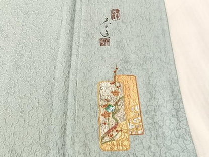 平和屋着物●螺鈿作家　甲斐泰造　色無地　花唐草地紋　秘色色　正絹　逸品　CABN3192vp