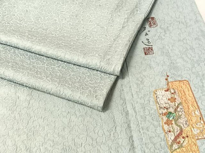 平和屋着物●螺鈿作家　甲斐泰造　色無地　花唐草地紋　秘色色　正絹　逸品　CABN3192vp