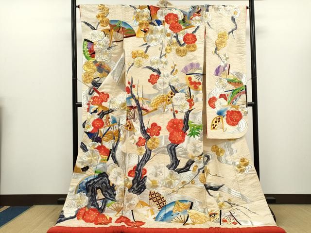 平和屋本店●色打掛　お引きずり　和装　婚礼　結婚式　花嫁　神社挙式　総刺繍　扇面飛鶴人物枝梅文　金銀糸　逸品　CABN3533ze