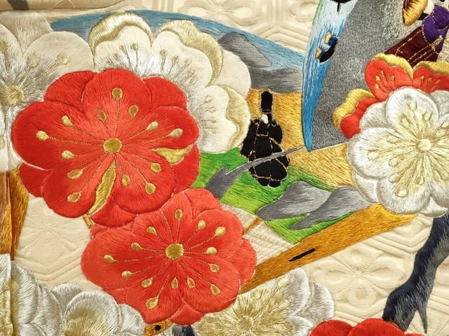 平和屋本店●色打掛　お引きずり　和装　婚礼　結婚式　花嫁　神社挙式　総刺繍　扇面飛鶴人物枝梅文　金銀糸　逸品　CABN3533ze