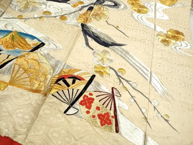 平和屋本店●色打掛　お引きずり　和装　婚礼　結婚式　花嫁　神社挙式　総刺繍　扇面飛鶴人物枝梅文　金銀糸　逸品　CABN3533ze