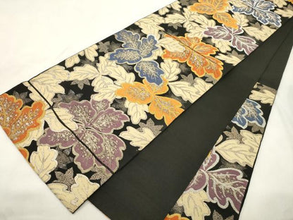 平和屋着物●六通柄　京本袋帯　草木文　黒地　銀糸　正絹　逸品　CABN3618dy
