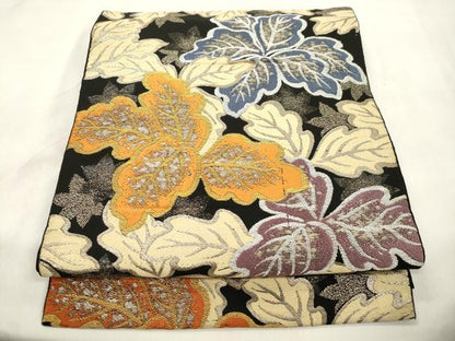 平和屋着物●六通柄　京本袋帯　草木文　黒地　銀糸　正絹　逸品　CABN3618dy