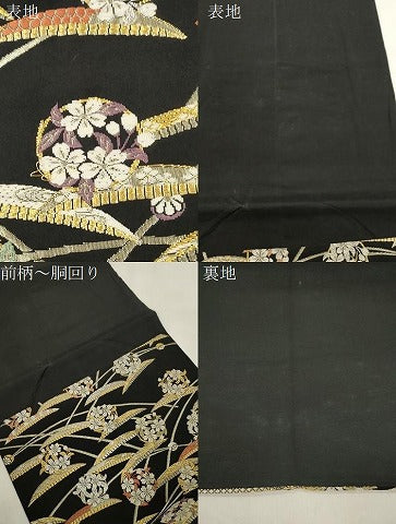 平和屋着物●六通柄袋帯　金色繭　草花丸文　黒地　金銀糸　正絹　逸品　CABN3621dy