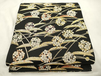 平和屋着物●六通柄袋帯　金色繭　草花丸文　黒地　金銀糸　正絹　逸品　CABN3621dy