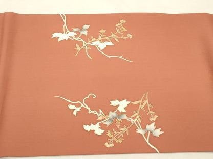 平和屋着物●塩瀬　九寸開き名古屋帯　作家物　草花文　金彩　三越扱い　正絹　逸品　CABN3687dy