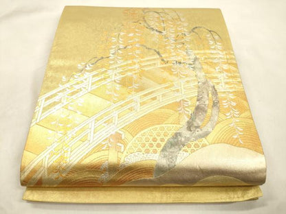 平和屋着物●金彩友禅　卓越技能者・名工・和田光正　太鼓柄袋帯　渡橋草木文　金銀彩　引箔　正絹　逸品　CABN3707dy