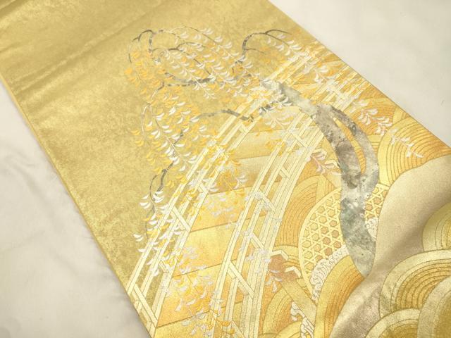 平和屋着物●金彩友禅　卓越技能者・名工・和田光正　太鼓柄袋帯　渡橋草木文　金銀彩　引箔　正絹　逸品　CABN3707dy