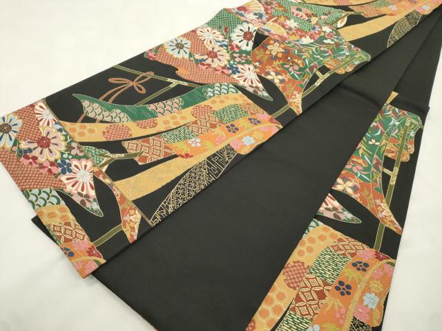 平和屋着物●西陣　白綾苑大庭 　六通柄袋帯　誰が袖花文　黒地　金糸　正絹　逸品　CABN3713dy