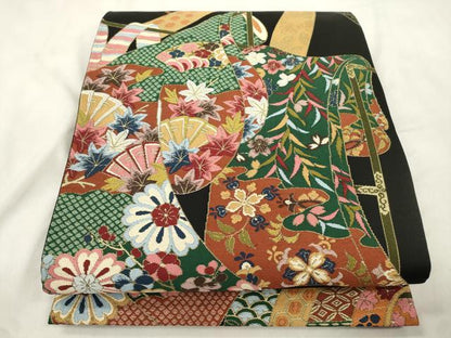 平和屋着物●西陣　白綾苑大庭 　六通柄袋帯　誰が袖花文　黒地　金糸　正絹　逸品　CABN3713dy