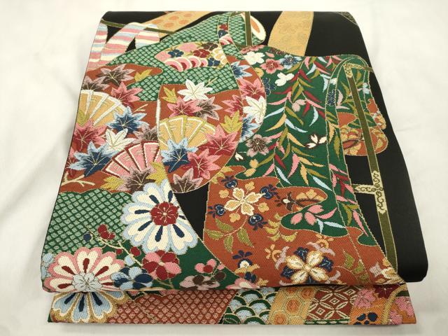 平和屋着物●西陣　白綾苑大庭 　六通柄袋帯　誰が袖花文　黒地　金糸　正絹　逸品　CABN3713dy