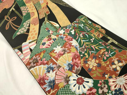 平和屋着物●西陣　白綾苑大庭 　六通柄袋帯　誰が袖花文　黒地　金糸　正絹　逸品　CABN3713dy