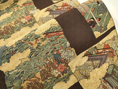 平和屋着物●六通柄袋帯　茶染博雅　紹巴　人物文　正絹　逸品　CABN3725dy