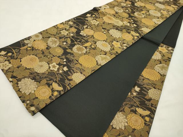 平和屋着物●六通柄袋帯　草花文　黒地　金糸　正絹　逸品　CABN3729dy