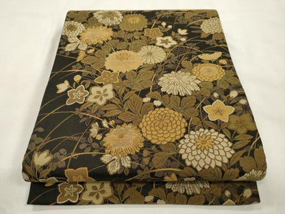 平和屋着物●六通柄袋帯　草花文　黒地　金糸　正絹　逸品　CABN3729dy