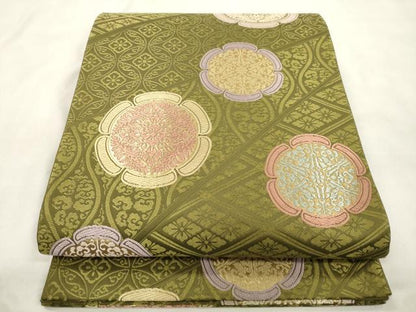 平和屋着物●六通柄袋帯　唐織　漢方染　花絵皿文　金糸　正絹　逸品　CABN3730dy