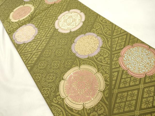 平和屋着物●六通柄袋帯　唐織　漢方染　花絵皿文　金糸　正絹　逸品　CABN3730dy