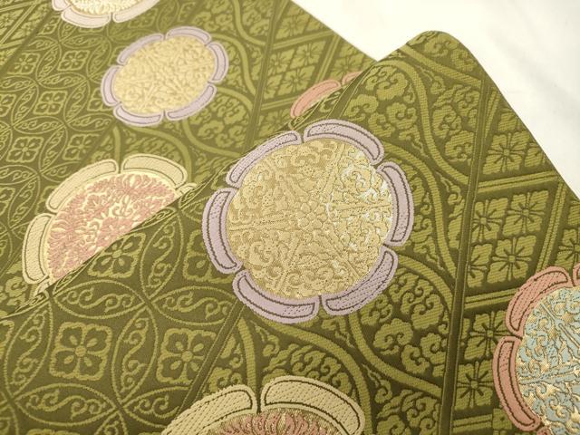 平和屋着物●六通柄袋帯　唐織　漢方染　花絵皿文　金糸　正絹　逸品　CABN3730dy