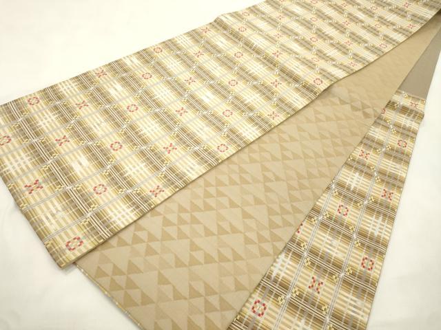 平和屋着物●両面　六通柄袋帯　紹紦花織　幾何学文　金糸　正絹　逸品　CABN3733dy
