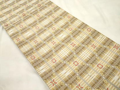 平和屋着物●両面　六通柄袋帯　紹紦花織　幾何学文　金糸　正絹　逸品　CABN3733dy