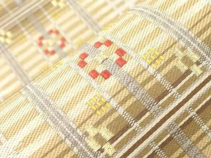 平和屋着物●両面　六通柄袋帯　紹紦花織　幾何学文　金糸　正絹　逸品　CABN3733dy