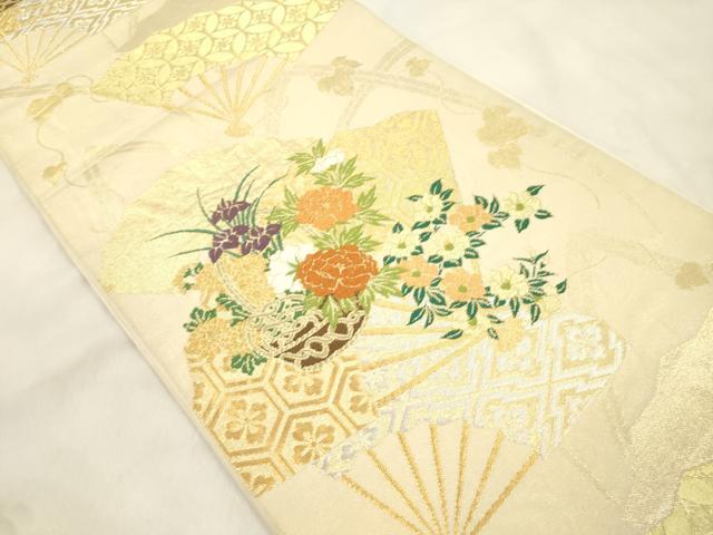 平和屋着物●西陣　川島織物　六通柄　本袋帯　扇面花籠文　金銀糸　正絹　逸品　CABN3740dy