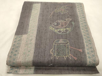 平和屋着物●太鼓柄袋帯　総刺繍　刺し子　玩具文　正絹　逸品　CABN3756dy