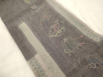 平和屋着物●太鼓柄袋帯　総刺繍　刺し子　玩具文　正絹　逸品　CABN3756dy