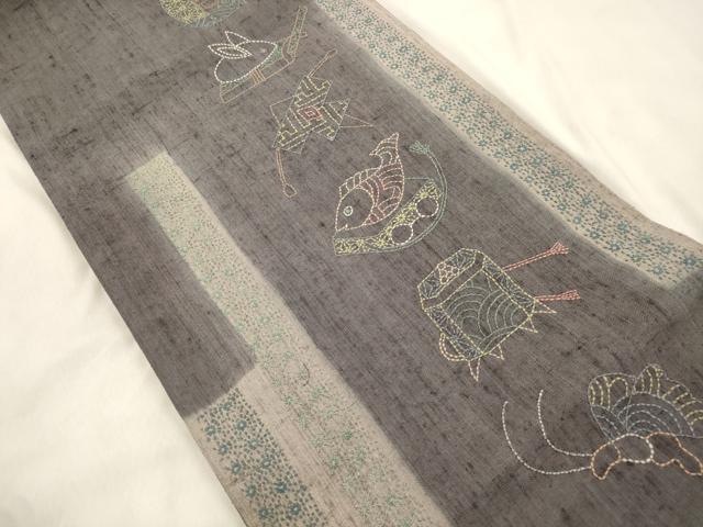 平和屋着物●太鼓柄袋帯　総刺繍　刺し子　玩具文　正絹　逸品　CABN3756dy