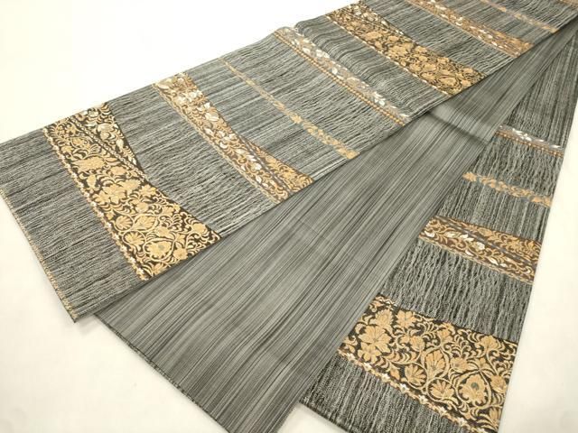 平和屋着物●六通柄袋帯　紅花染　櫛織　切嵌草花文　金糸　正絹　逸品　CABN3921dy