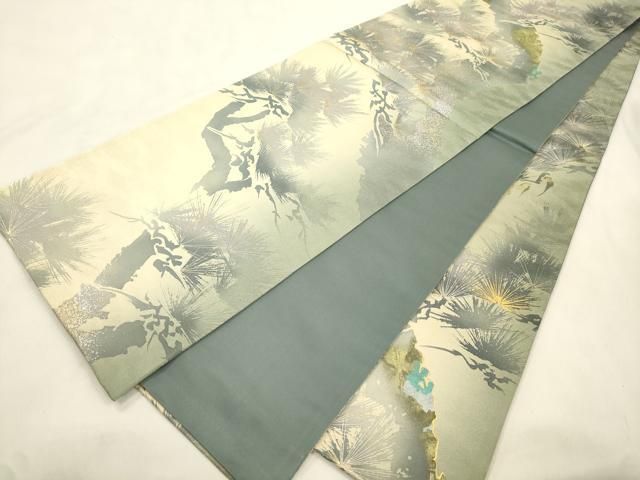 平和屋着物●全通柄袋帯　松葉文　金銀彩　銀通し地　正絹　逸品　CABN3929dy
