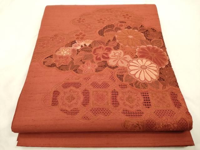 平和屋着物●中国三大刺繍　スワトウ刺繍　相良刺繍　総刺繍　太鼓柄袋帯　紬地　雲取り草花文　正絹　逸品　未使用　CABN3931dy