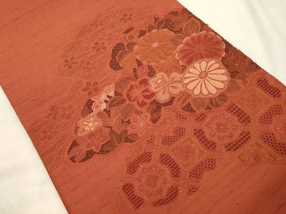 平和屋着物●中国三大刺繍　スワトウ刺繍　相良刺繍　総刺繍　太鼓柄袋帯　紬地　雲取り草花文　正絹　逸品　未使用　CABN3931dy