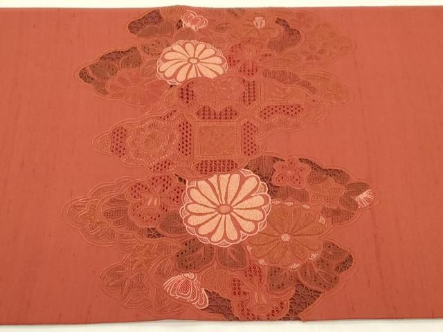 平和屋着物●中国三大刺繍　スワトウ刺繍　相良刺繍　総刺繍　太鼓柄袋帯　紬地　雲取り草花文　正絹　逸品　未使用　CABN3931dy