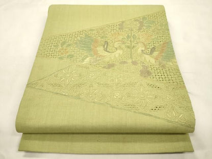 平和屋着物●中国三大刺繍　スワトウ刺繍　相良刺繍　総刺繍　太鼓柄袋帯　紬地　花鳥文　正絹　逸品　CABN3932dy