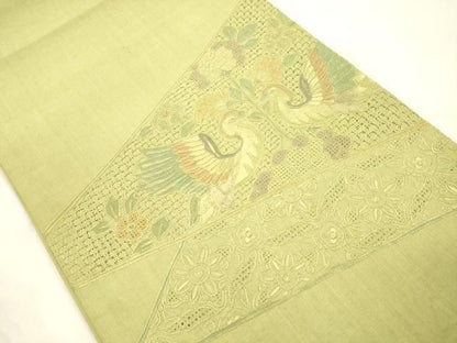 平和屋着物●中国三大刺繍　スワトウ刺繍　相良刺繍　総刺繍　太鼓柄袋帯　紬地　花鳥文　正絹　逸品　CABN3932dy