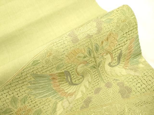 平和屋着物●中国三大刺繍　スワトウ刺繍　相良刺繍　総刺繍　太鼓柄袋帯　紬地　花鳥文　正絹　逸品　CABN3932dy