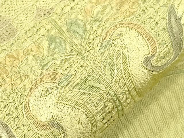 平和屋着物●中国三大刺繍　スワトウ刺繍　相良刺繍　総刺繍　太鼓柄袋帯　紬地　花鳥文　正絹　逸品　CABN3932dy