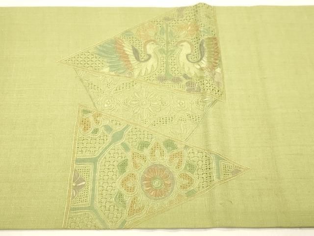 平和屋着物●中国三大刺繍　スワトウ刺繍　相良刺繍　総刺繍　太鼓柄袋帯　紬地　花鳥文　正絹　逸品　CABN3932dy