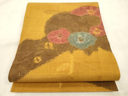 平和屋着物●中国三大刺繍　スワトウ刺繍　総刺繍　太鼓柄袋帯　絞り　紬地　草花文　正絹　逸品　CABN3933dy