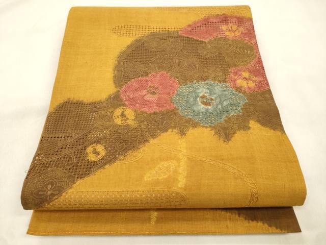 平和屋着物●中国三大刺繍　スワトウ刺繍　総刺繍　太鼓柄袋帯　絞り　紬地　草花文　正絹　逸品　CABN3933dy
