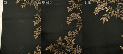 平和屋着物●全通柄袋帯　南天文　黒地　金糸　正絹　逸品　CABN3944dy